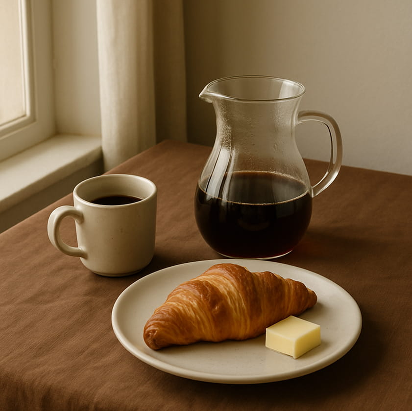 A breakfast scene with a filter coffee in a glass server