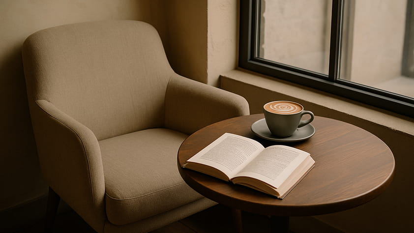 A quiet café corner with a beige armchair and a small round wooden table.