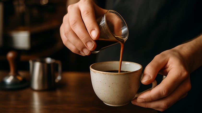 Hands of a barista gently pouring steamed milk into a cup of espresso