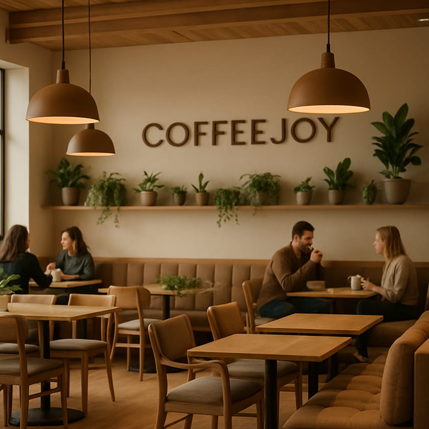 A wide view of the CoffeeJoy interior — wooden furniture, soft cushions, warm pendant
