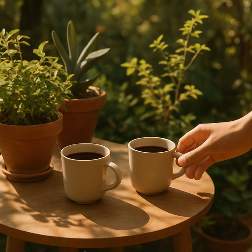 Two coffee cups on a small round table outdoors, surrounded by potted plants and greenery.