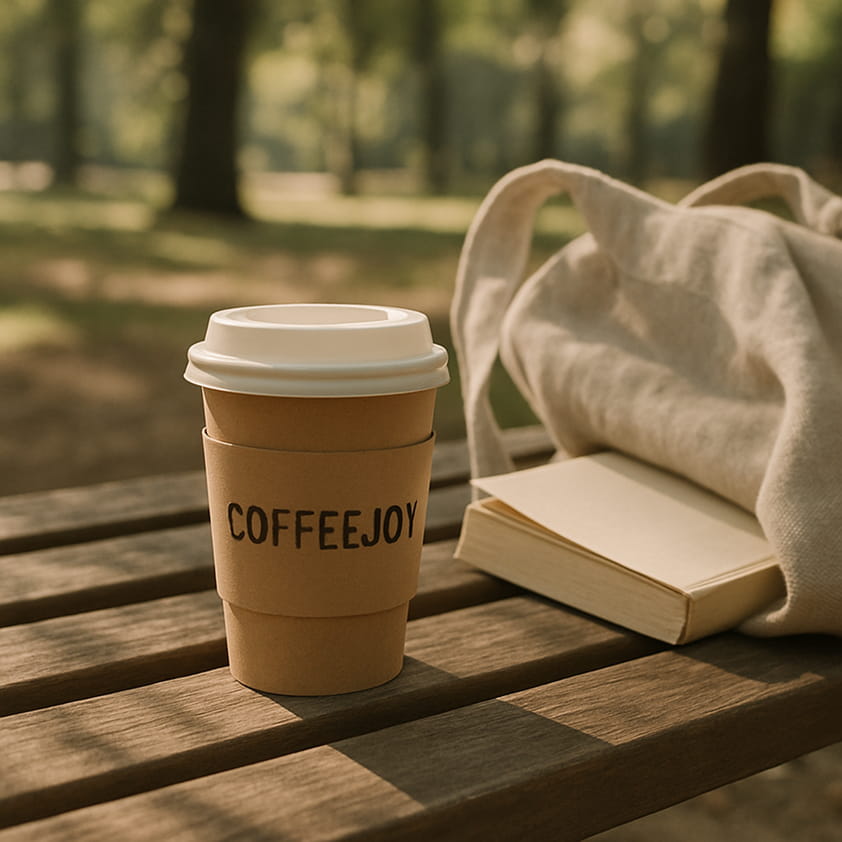 A takeaway coffee cup with a kraft sleeve and CoffeeJoy branding placed on a wooden bench in a park.