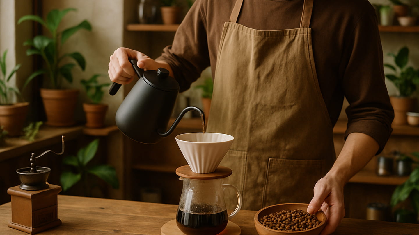 barista making coffee with a French press